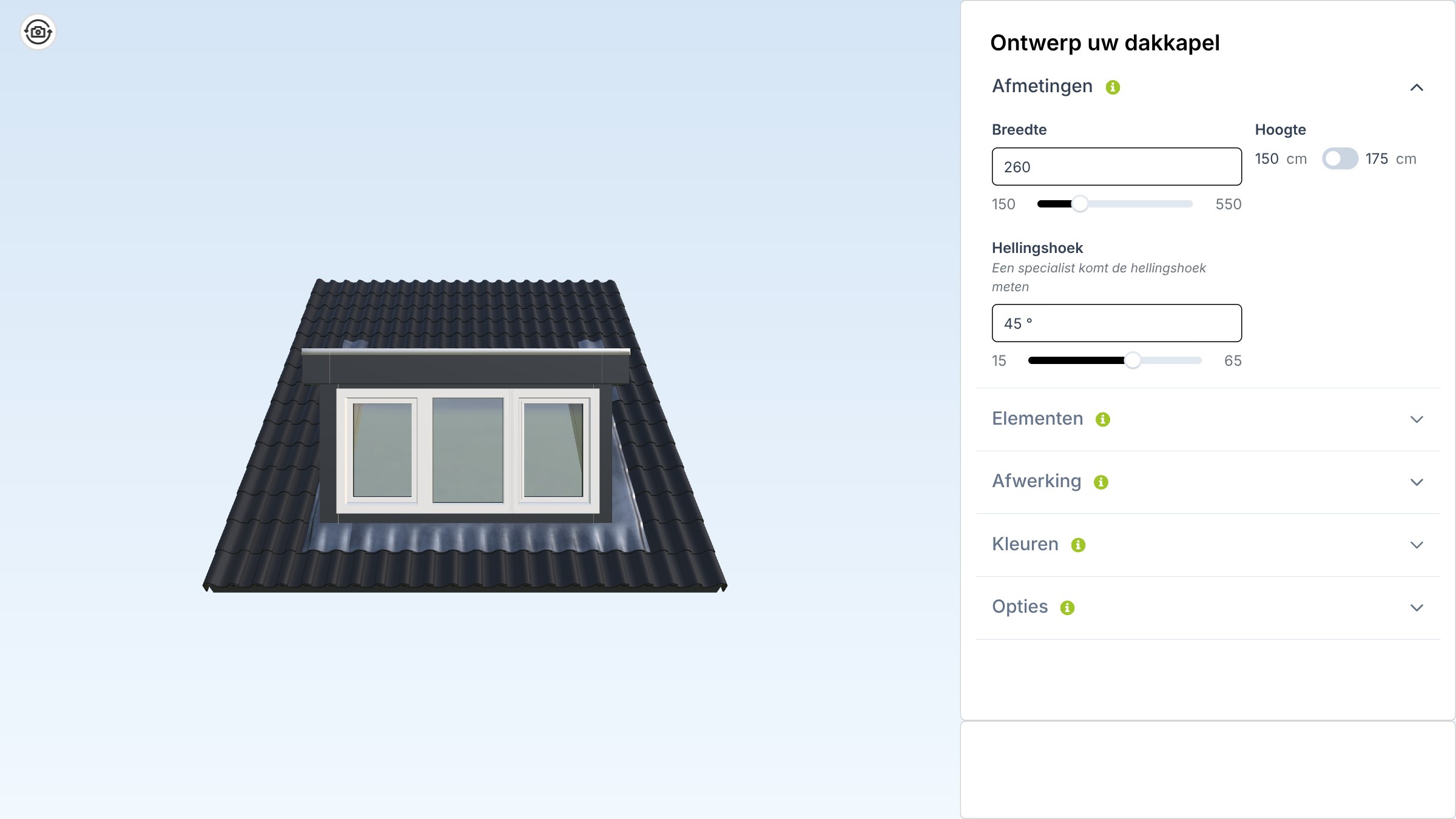 De innOVeet Dakkapellen-configurator met een dakkapel van 260 cm breed en het keuzemenu rechts
